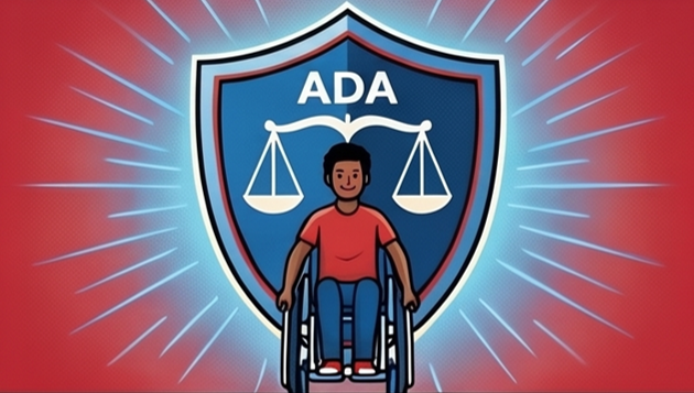 Illustration showing a person in a wheelchair in front of a blue shield with scales and ADA text, symbolizing disability rights and legal protection under the Americans with Disabilities Act.