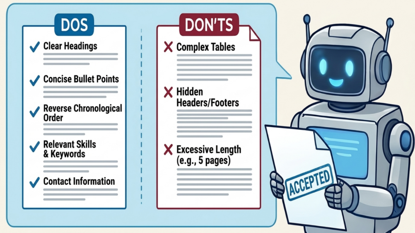 Illustration showing a robot holding a paper labeled Accepted next to two lists titled Dos and Don'ts for resume tips. The Dos list includes clear headings, concise bullet points, reverse chronological order, relevant skills and keywords, and contact information, while the Don'ts list warns against complex tables, hidden headers/footers, and excessive length.