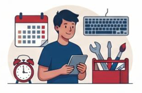 Illustration of a person holding a tablet surrounded by productivity tools, including a calendar, keyboard, alarm clock, and a container with tools and paintbrushes.