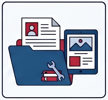 Illustration depicting a blue folder containing documents, a wrench, and books, alongside a tablet displaying an image and text.