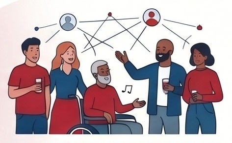 Illustration showing five diverse people socializing, with one person in a wheelchair, holding drinks and engaging in conversation. Above them are interconnected icons representing social connections.