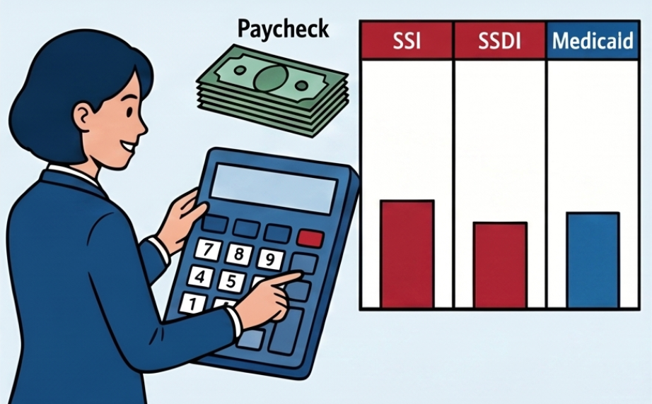 Illustration showing a person using a large calculator with a stack of money labeled Paycheck and a bar chart comparing SSI, SSDI, and Medicaid benefits.