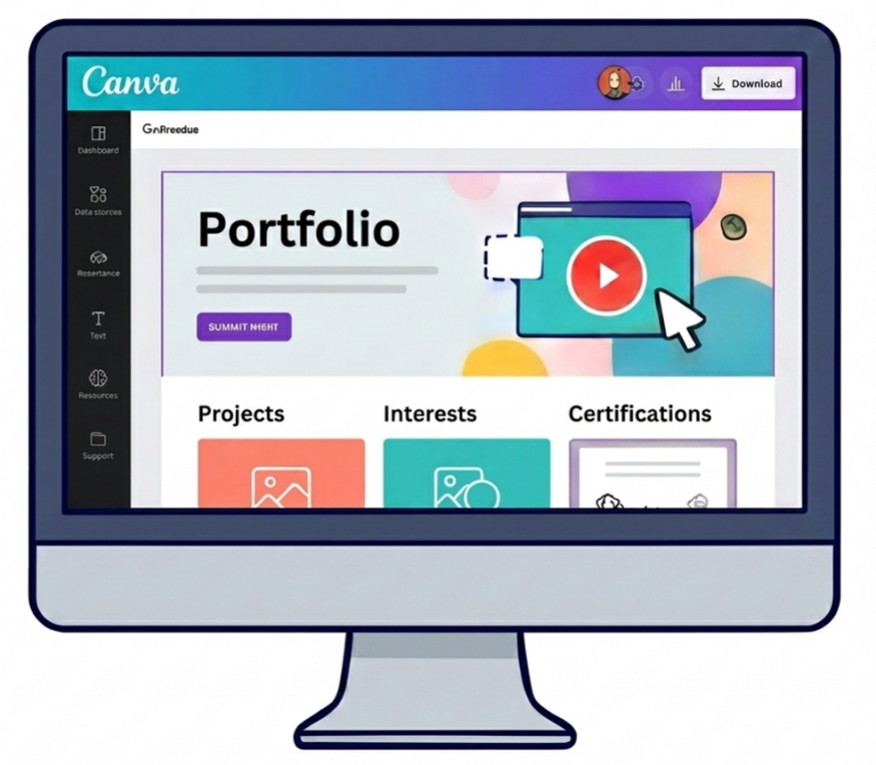 Illustration of a computer monitor displaying a Canva portfolio design interface with sections labeled Projects, Interests, and Certifications.