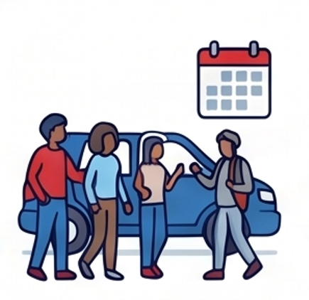 Illustration showing four people standing near a blue car with a calendar icon above them. Characters wear casual clothing in red, blue, and beige tones.