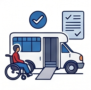 Illustration showing a wheelchair user approaching an accessible van with an extended ramp. A checklist with checkmarks and a large checkmark icon are above the van.