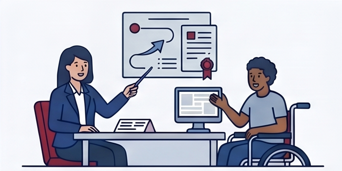 Illustration of a business meeting or consultation showing a woman in professional attire pointing at a chart with an upward arrow and a certificate, while a person in a wheelchair gestures toward a computer screen.