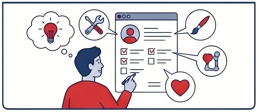 Illustration of a person interacting with a form, surrounded by icons bubbles containing items such as a light bulb, wrench and screwdriver, paintbrush, network nodes, and a heart.
