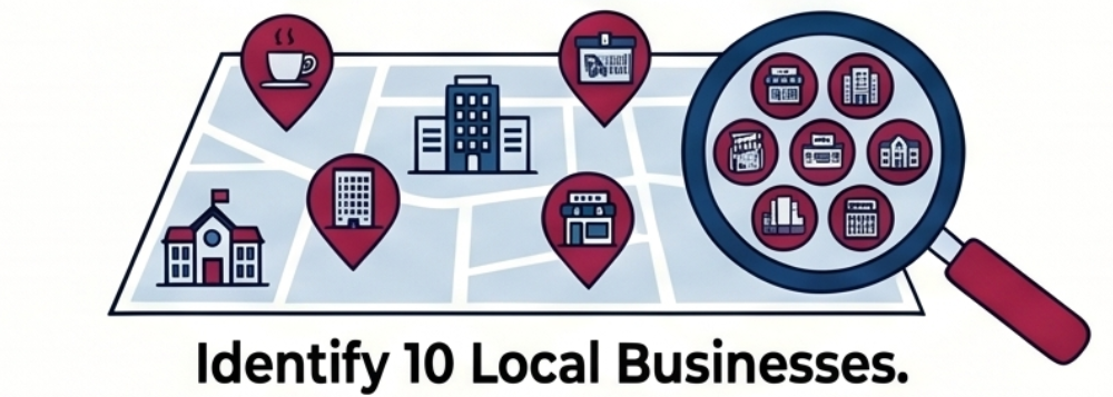 Illustration showing a simplified map with location pins marking various local businesses. A magnifying glass icon is overlayed on the map with several businesses in the lens, Text at the bottom of the map states, Identify 10 Local Businesses.