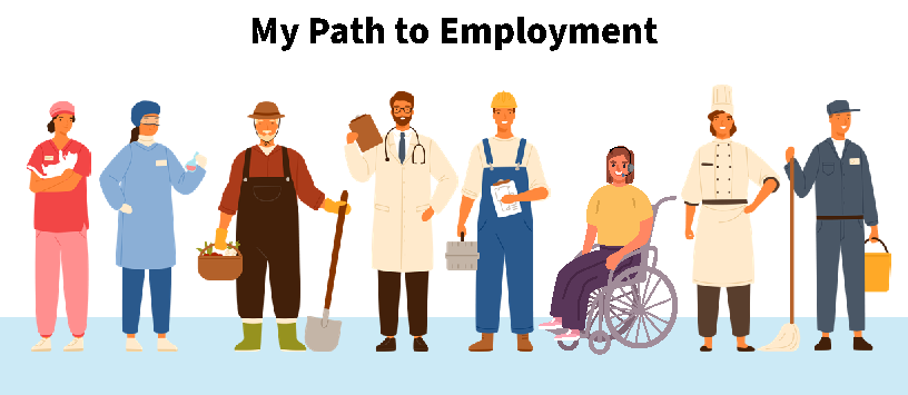Illustration showing diverse workers representing various professions, including healthcare, farming, construction, customer service, culinary, and maintenance, under the title My Path to Employment with Ohio Employment First branding. The image highlights inclusivity and career opportunities for people with different abilities, featuring a person in a wheelchair among standing workers.