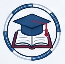 Icon featuring a blue graduation cap with a red tassel resting on an open book. The design is enclosed within a segmented circular border with varying shades of blue and white.