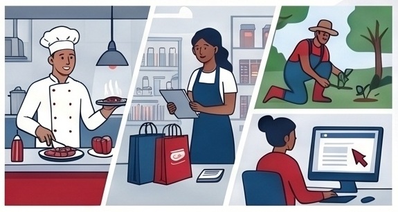 Illustration divided into four panels showing different professions: a chef cooking and holding a plate of food, a retail worker managing bags and using a tablet, a gardener planting a seedling outdoors, and an office worker using a computer.