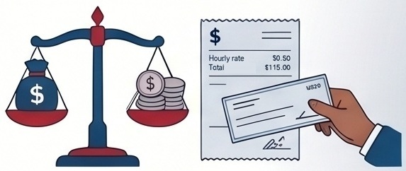 Illustration comparing monetary value with a balance scale and a hand holding a check over a receipt. Scale shows a large bag of money outweighing a smaller stack of coins.