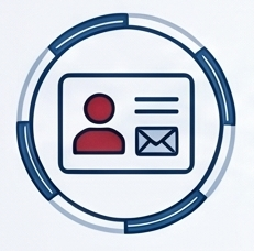 Icon-style illustration of an identification card featuring a red user avatar and an envelope symbol inside a segmented circular frame with blue and white sections.