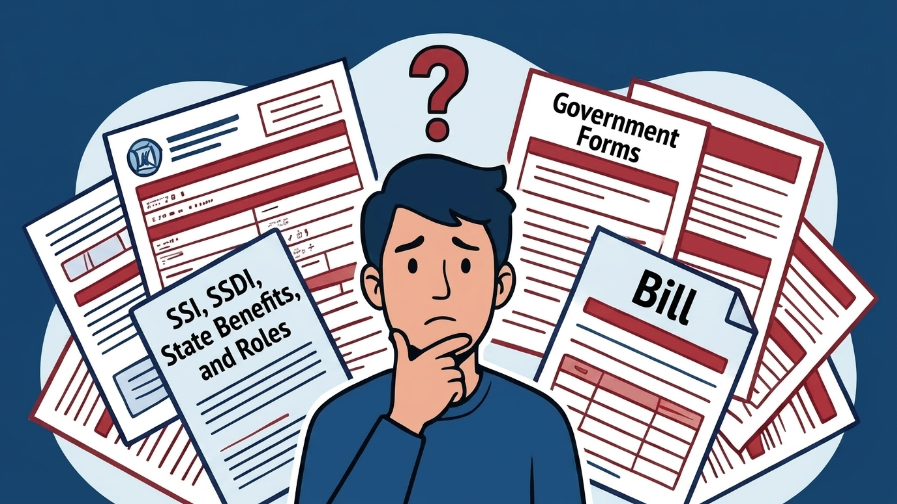 Illustration of a confused person surrounded by various documents including government forms, a bill, and a paper labeled SSI, SSDI, State Benefits, and Roles.