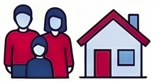 Illustration of a family consisting of two adults and one child standing next to a house.