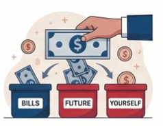 Illustration showing a hand placing money into three labeled containers: Bills, Future, and Yourself.