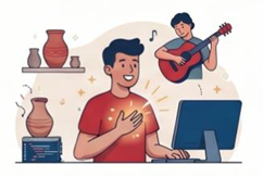 Illustration of a person sitting at a desk with a computer, holding a hand to their chest, while another person plays guitar in the background. The scene includes decorative pottery on shelves and musical notes.