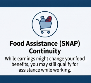 Graphic with a shopping cart icon containing groceries, titled Food Assistance (SNAP) Continuity. It explains that earnings may affect food benefits but individuals can still qualify for assistance while working.