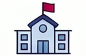 A simple illustration of a school building with a central entrance, two windows on each side, and a red flag on top.