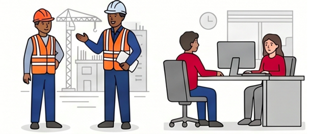 Illustration showing two differing work environments: construction site and office setting. Construction workers wearing safety helmets and vests stand near building framework, while office workers sit at desks with computers.