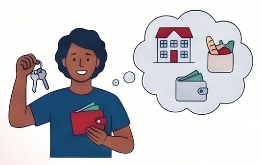 Illustration of a person holding keys and a wallet, with a thought bubble containing icons of a house, groceries, and money.