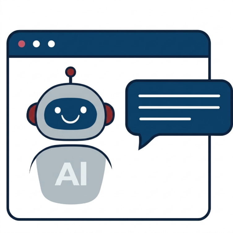 Illustration of a chatbot interface featuring a smiling robot with AI on its chest inside a browser window.