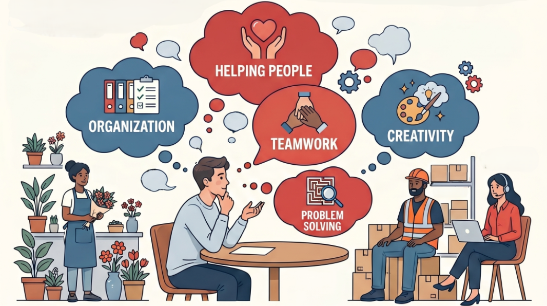 Illustration depicting a man sitting at a table surrounded by thought bubbles labeled Organization, Helping People, Teamwork, Creativity, and Problem Solving. On the left side of the man is a florist surrounded by flowers. To the right of the man is a a delivery man surrounded by packages and a woman working with a computer ,wearing a microphone headset.