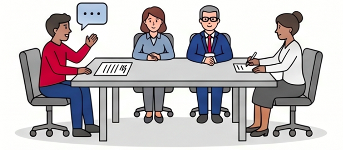 Illustration of a four individuals sitting on chairs around the same desk for a meeting. One individual on the left is displayed with a chat bubble.