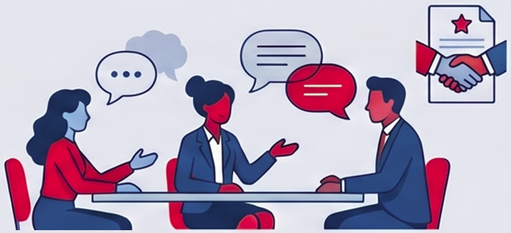 Illustration depicting a business meeting with three people seated around a table engaged in discussion, shown by speech bubbles above their heads. On the right side exists handshake icon with a document featuring a red star.