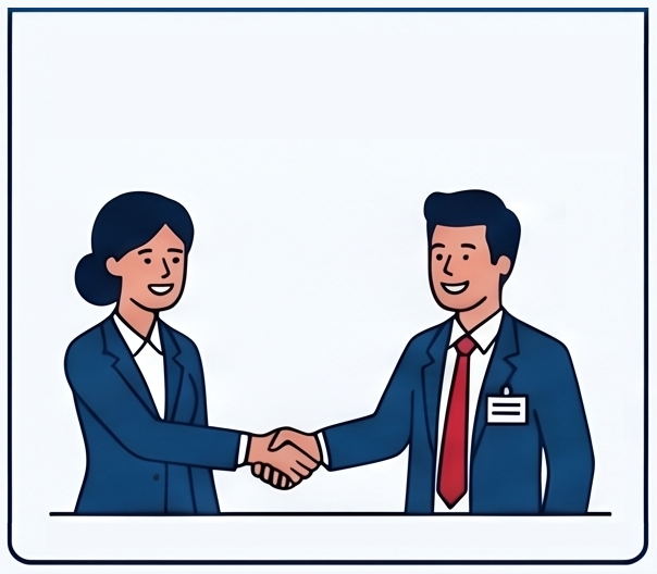 Illustration of two business professionals shaking hands, symbolizing agreement or partnership.