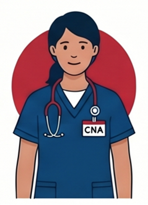 Illustration of a healthcare worker wearing blue scrubs with a stethoscope around the neck and a name badge labeled CNA.