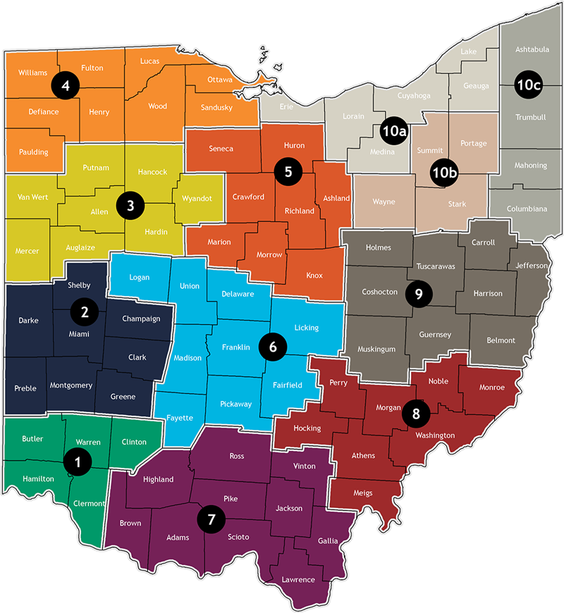 Colored map of Ohio counties divided into ten different numbered and colored regions.