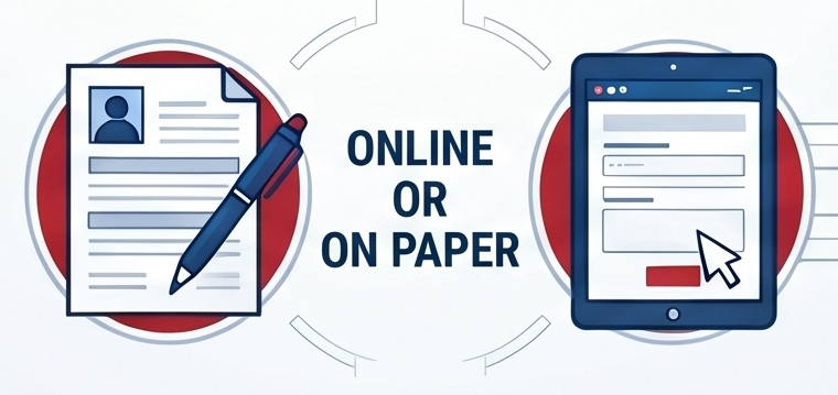 Illustration comparing online and paper document submission methods, featuring a paper form with a pen on the left and a digital form on a tablet with a cursor on the right. Central text reads Online or on Paper, emphasizing choice between traditional and digital formats.