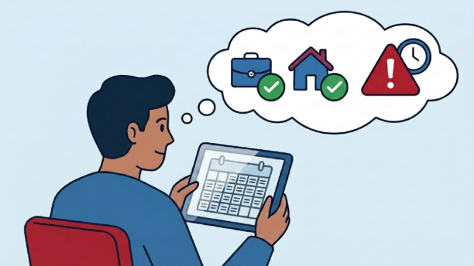 Illustration of a person holding a tablet displaying a calendar, with a thought bubble containing icons of a briefcase, house, warning symbol, and clock.