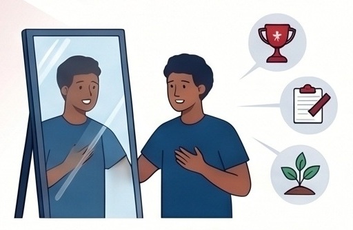 Illustration of a person looking confidently into a mirror with three icons representing achievement, planning, and growth.