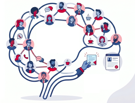 Illustration of a brain-shaped network diagram representing interconnected people and communication channels. Nodes feature diverse avatars linked by lines, with icons like speech bubbles, coffee cups, and phones highlighting various interaction types and information exchange.