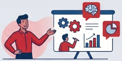 Illustration of a person presenting data on a large screen, featuring gears, a brain icon, a pie chart, and a bar graph with an upward trend.
