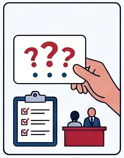 Illustration showing a hand holding a card with three red question marks above three blue dots, symbolizing uncertainty or questions. Below, a clipboard with a checklist featuring three checked boxes and two simplified figures sitting behind a desk.
