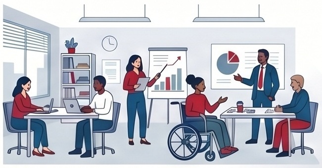 Illustration of a diverse office meeting with five people collaborating around tables and presentation boards. Key elements include a woman presenting a rising bar chart, a man explaining a pie chart, and a person in a wheelchair actively participating, highlighting inclusivity and teamwork.