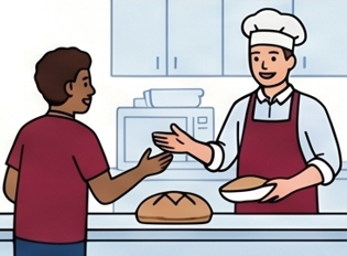 Photograph showing a customer handing money to a baker wearing a white hat and red apron in a bakery setting. The counter displays a loaf of bread, with kitchen cabinets and a microwave visible in the background.