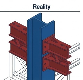 3D diagram illustrating a steel beam connection with red horizontal beams bolted to a blue vertical column labeled Reality.