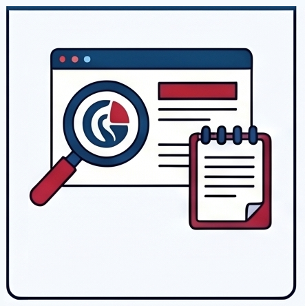 Illustration of a web browser window with a magnifying glass highlighting a pie chart and a notepad with lines representing text.