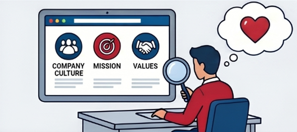 Illustration showing a person sitting at a desk, looking at a computer screen displaying three labeled icons: Company Culture, Mission, and Values. The person holds a magnifying glass and has a thought bubble with a red heart.