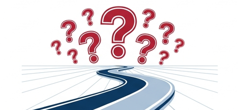 Illustration showing a winding road leading toward multiple large red question marks.