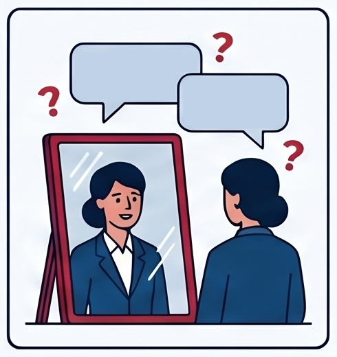 Illustration of a woman in a business suit looking at her reflection in a mirror with three red question marks and two empty speech bubbles above her head.