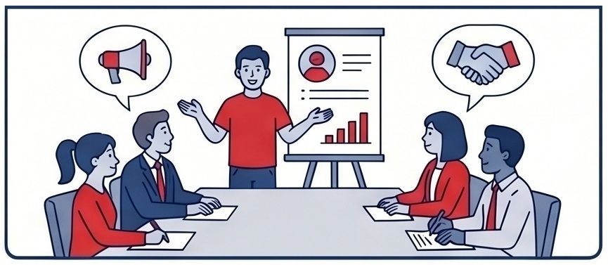 Illustration of a business meeting with five people seated around a table and one person standing, presenting data on a flip chart featuring a profile icon and a red bar graph. Speech bubbles above seated individuals show a megaphone and a handshake.