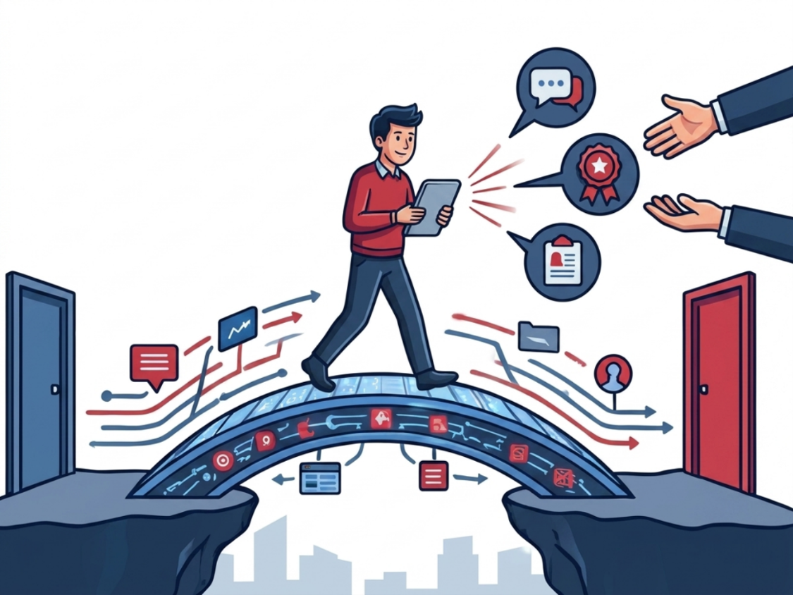 Illustration showing a person walking across a digital bridge made of icons and data symbols, connecting two cliffs with closed doors. The bridge represents overcoming challenges through technology and communication, highlighted by speech bubbles with chat, achievement, and profile icons, and an outstretched hand welcoming on the other side.