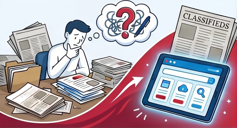 Illustration showing a confused man surrounded by stacks of newspapers and documents. The image displays an arrow leading toward a tablet, emphasizing the transidition to onling searching.