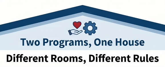 Graphic banner with a house roof outline containing text Two Programs, One House and Different Rooms, Different Rules below. Icons of a hand holding a heart and a gear are placed between the text and the roof.