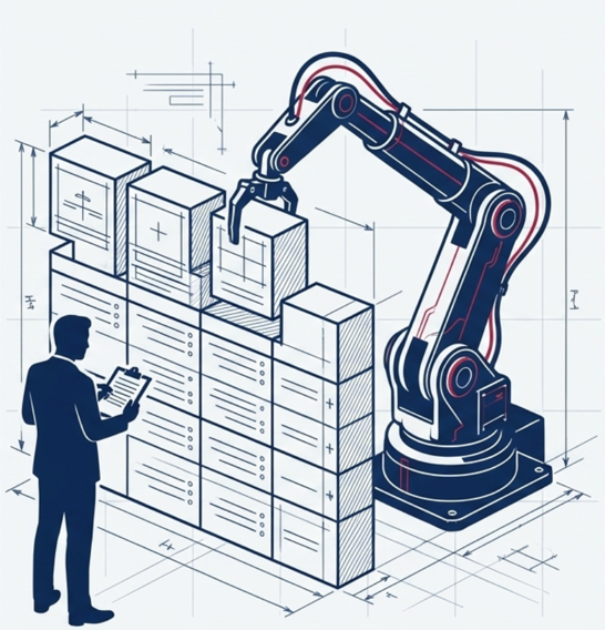 Illustration of a robotic arm assembling or stacking modular blocks on a grid-like structure, with a person holding a clipboard overseeing the process.